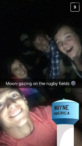 Snapchat screenshot of part of our stargazing group - Josh, me, Nick, Jordan, an Brie! And Wayne's watertower has it's own tag. #toocool 